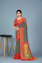 Green Brasso printed Saree