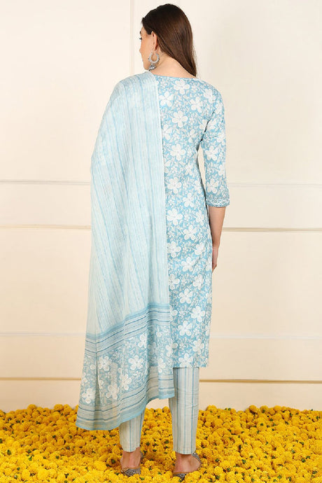 Blue Cotton Floral Printed Straight Suit Set