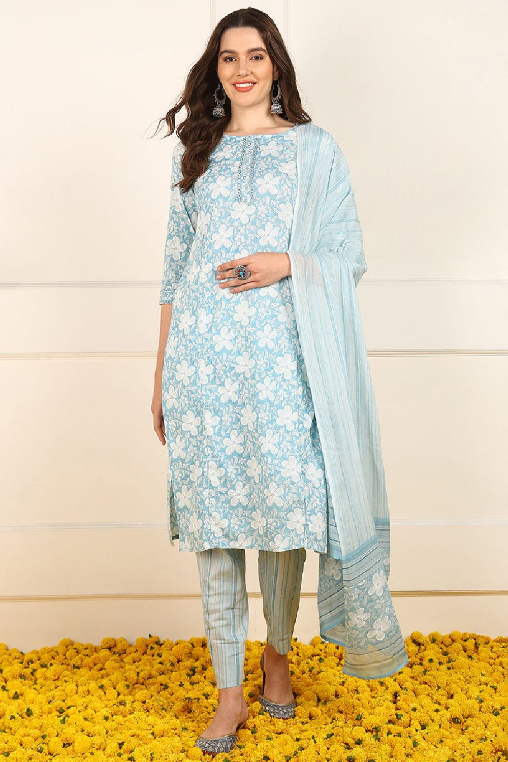 Blue Cotton Floral Printed Straight Suit Set