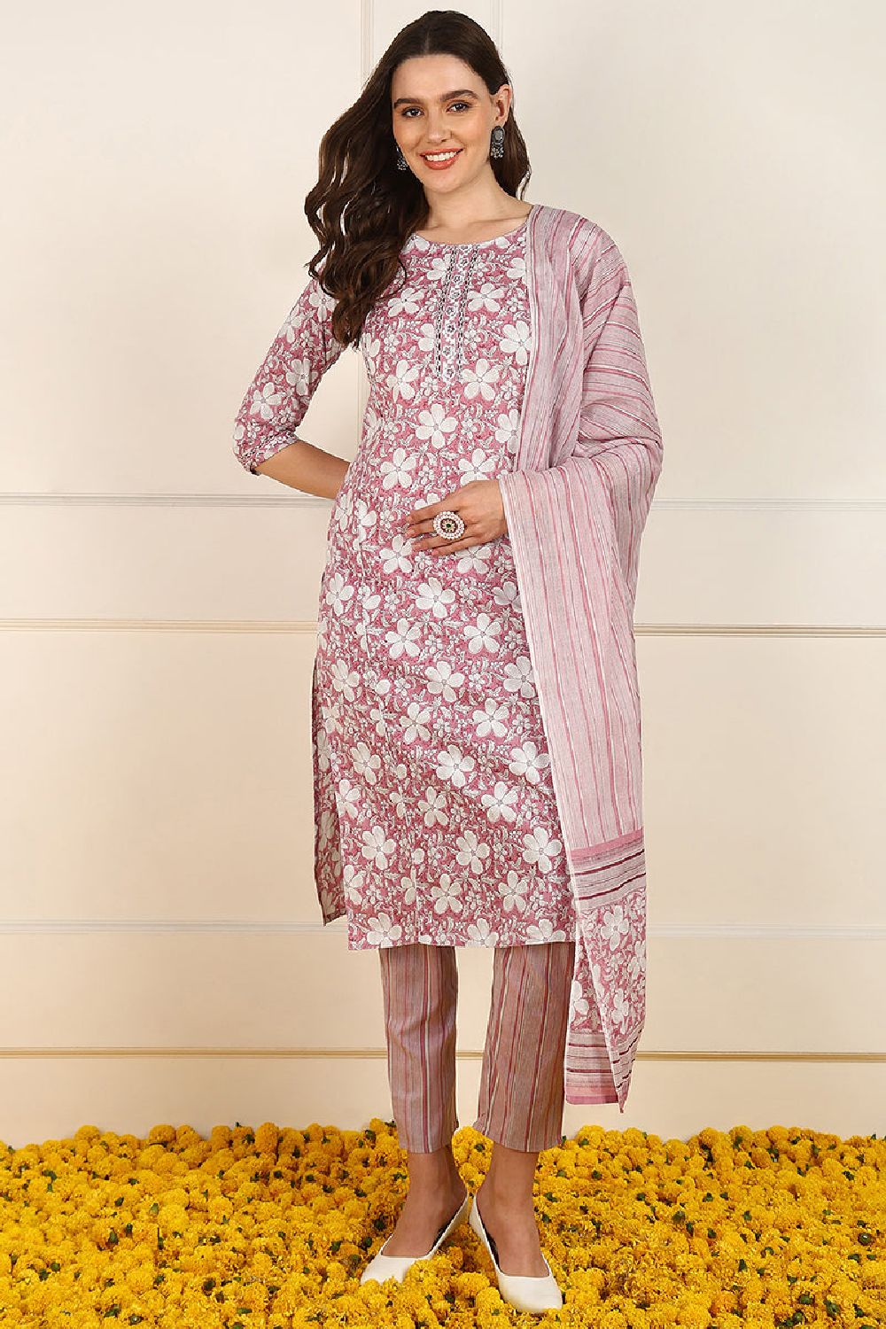 Pink Cotton Floral Printed Straight Suit Set