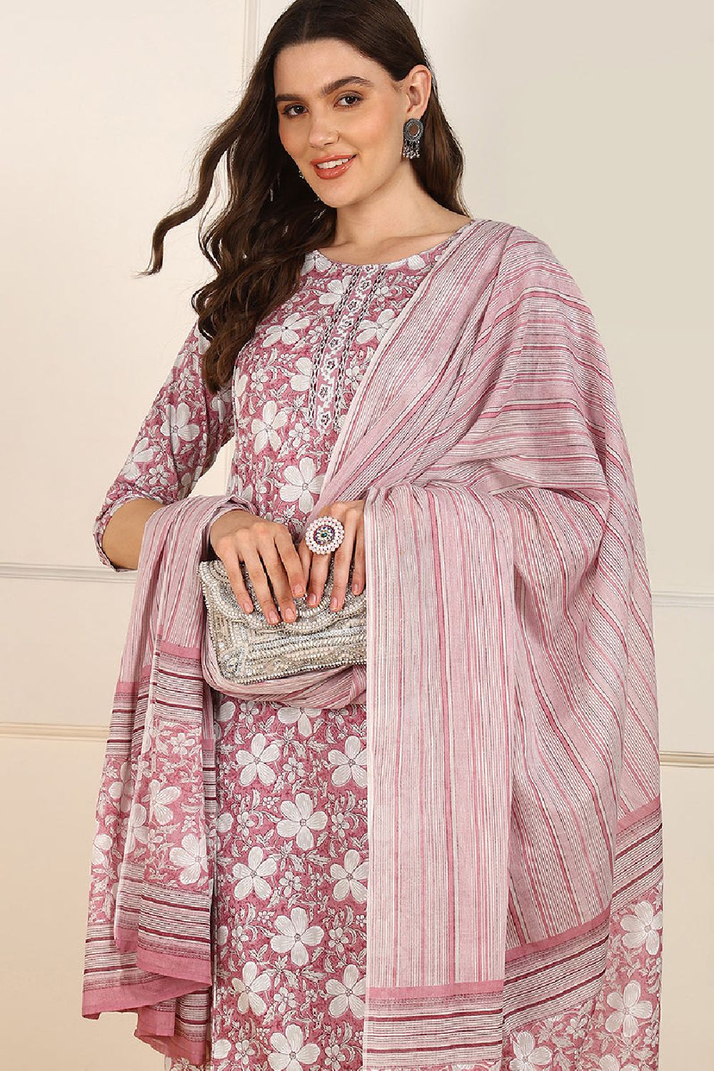 Pink Cotton Floral Printed Straight Suit Set