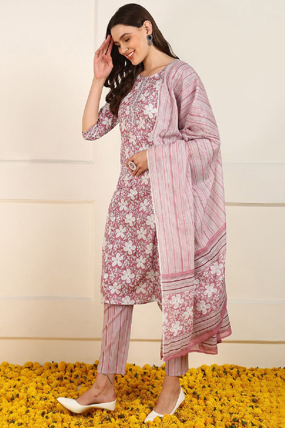 Pink Cotton Floral Printed Straight Suit Set