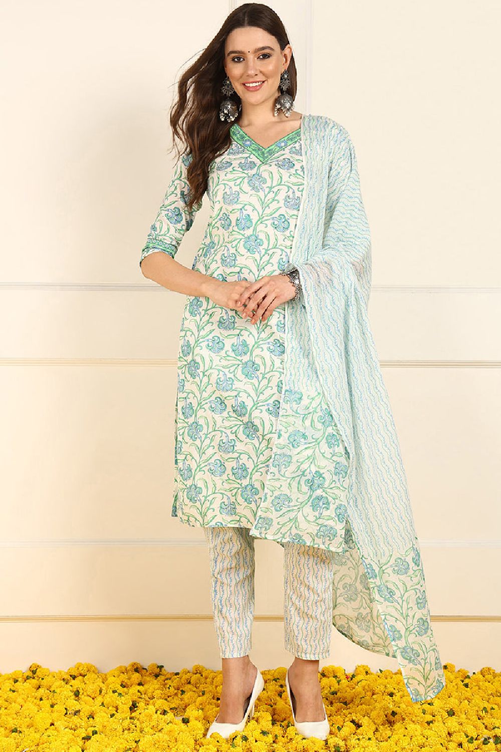 White Pure Cotton Floral Printed Straight Suit Set