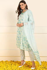 White Pure Cotton Floral Printed Straight Suit Set