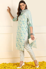 White Pure Cotton Floral Printed Straight Suit Set