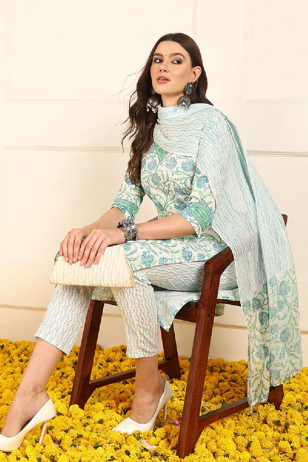 White Pure Cotton Floral Printed Straight Suit Set