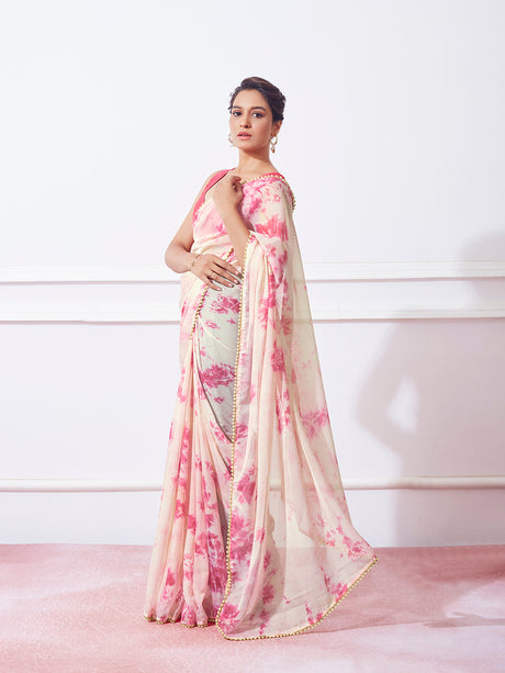 White Silk Printed Saree