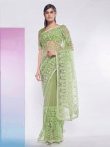 Green Net Embroidered Saree