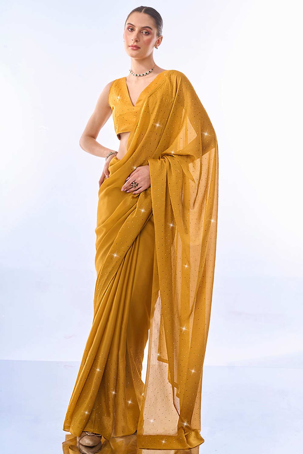 Yellow Silk blend Stone Embossed Saree