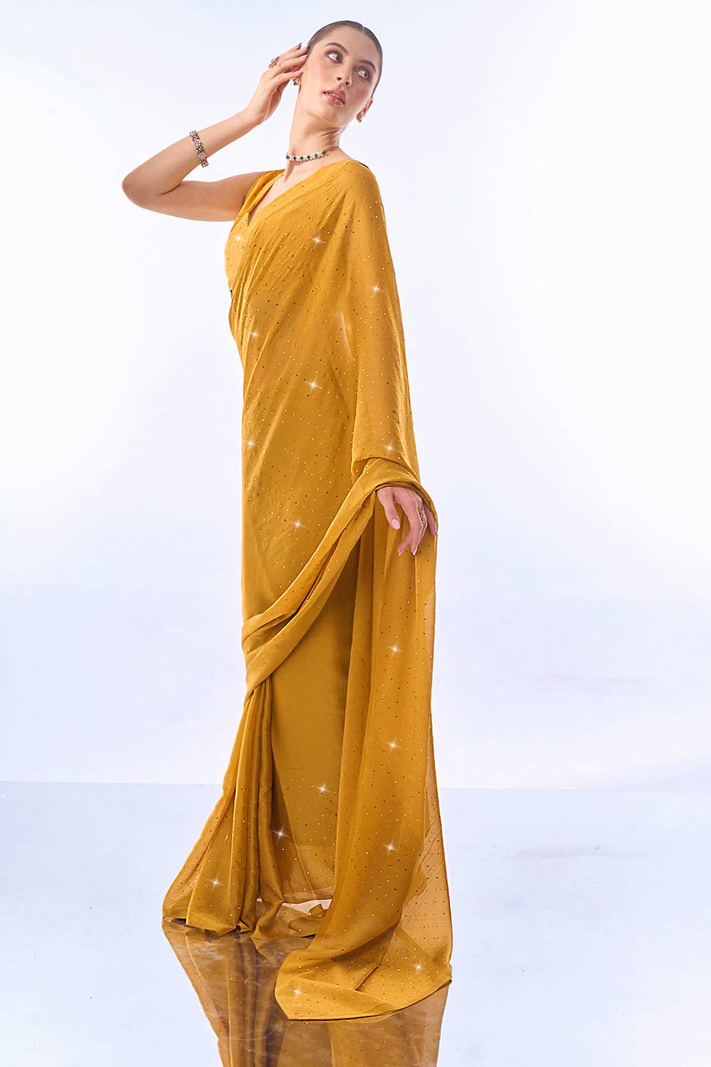 Yellow Silk blend Stone Embossed Saree