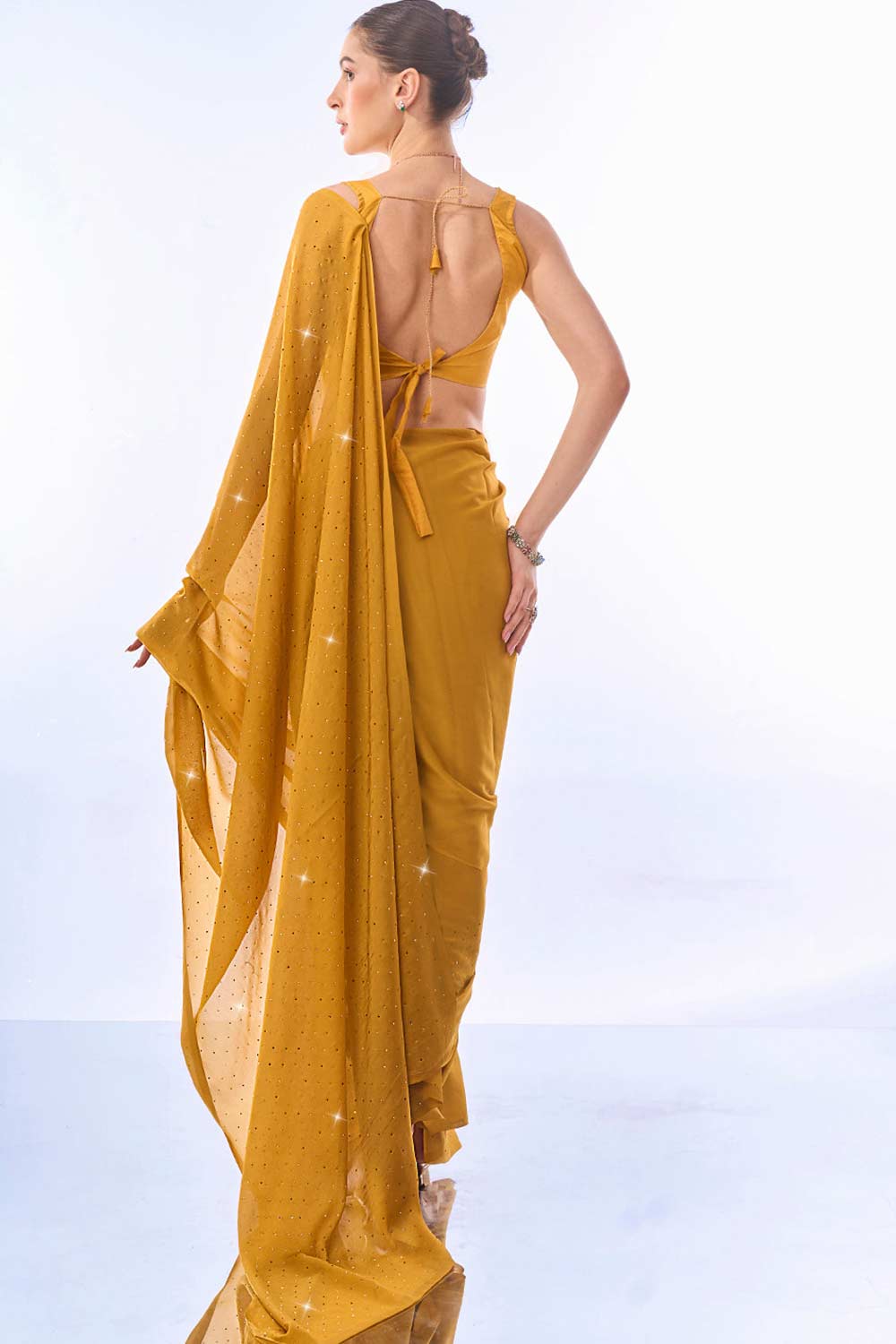 Yellow Silk blend Stone Embossed Saree