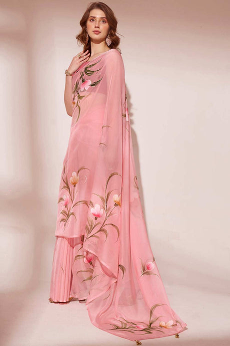 Pink Organza printed Saree