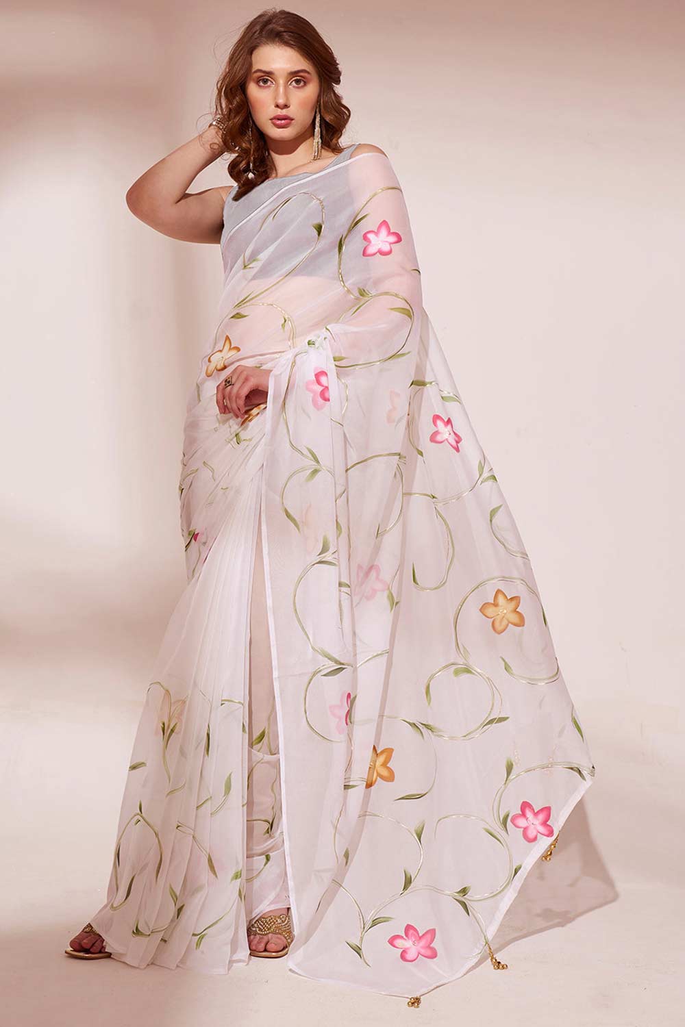 Off-White Organza printed Saree