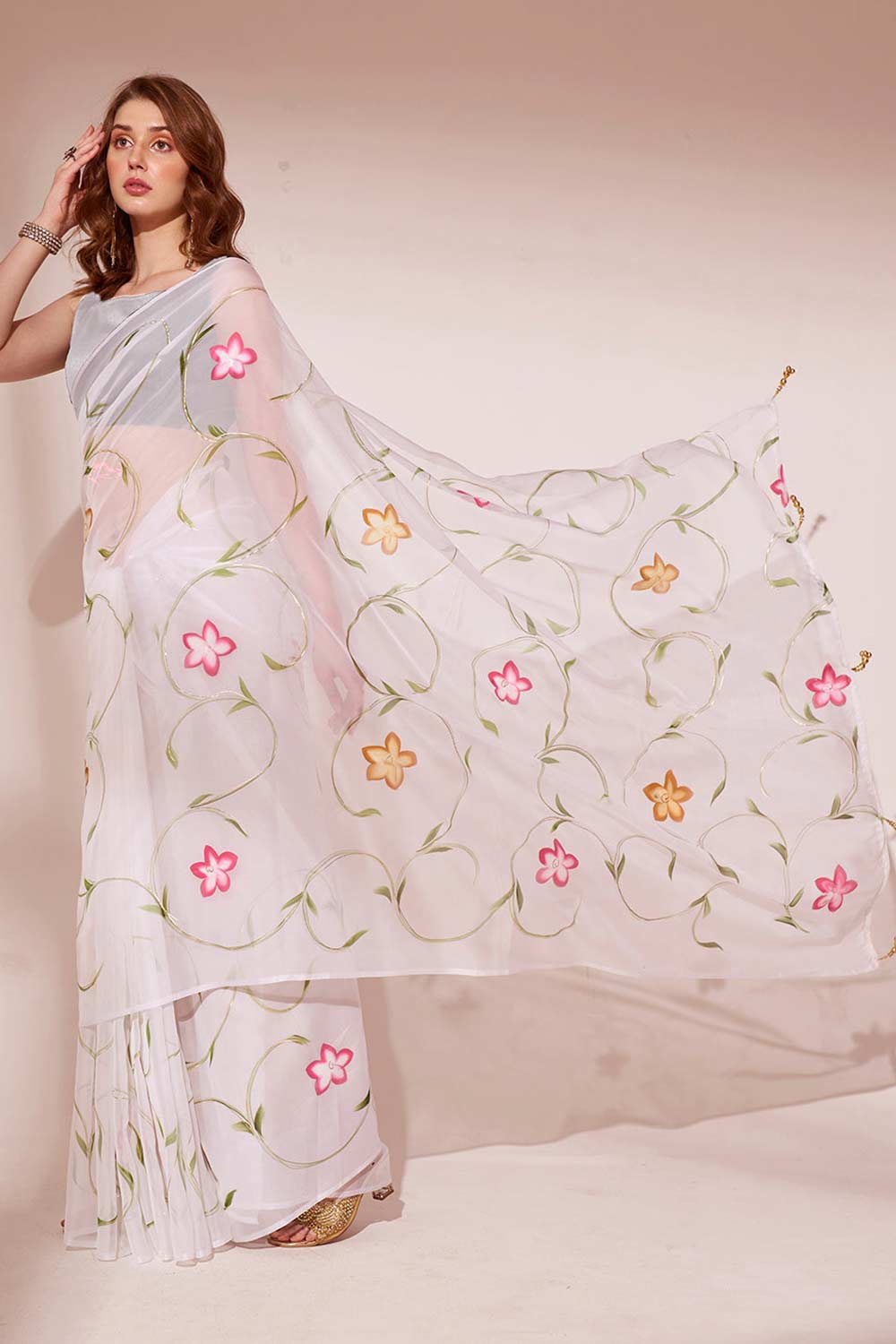 Off-White Organza printed Saree