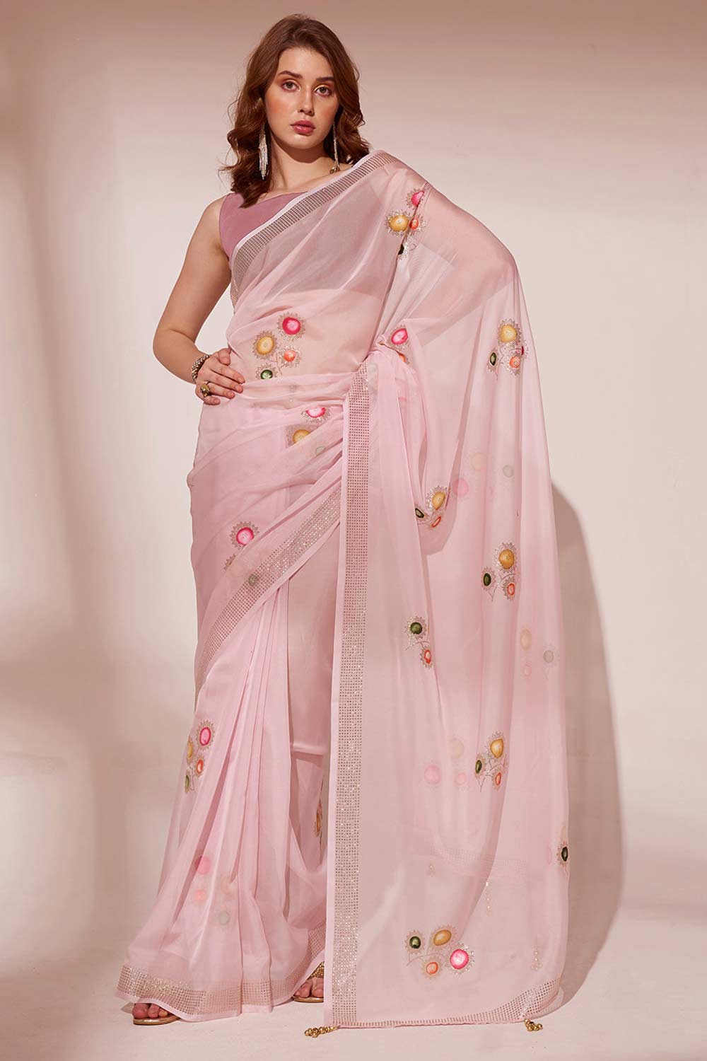 Pink Organza printed Saree