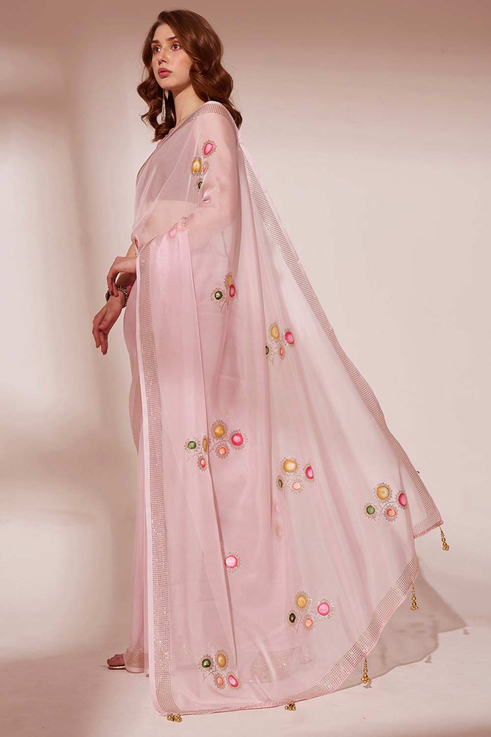 Pink Organza printed Saree