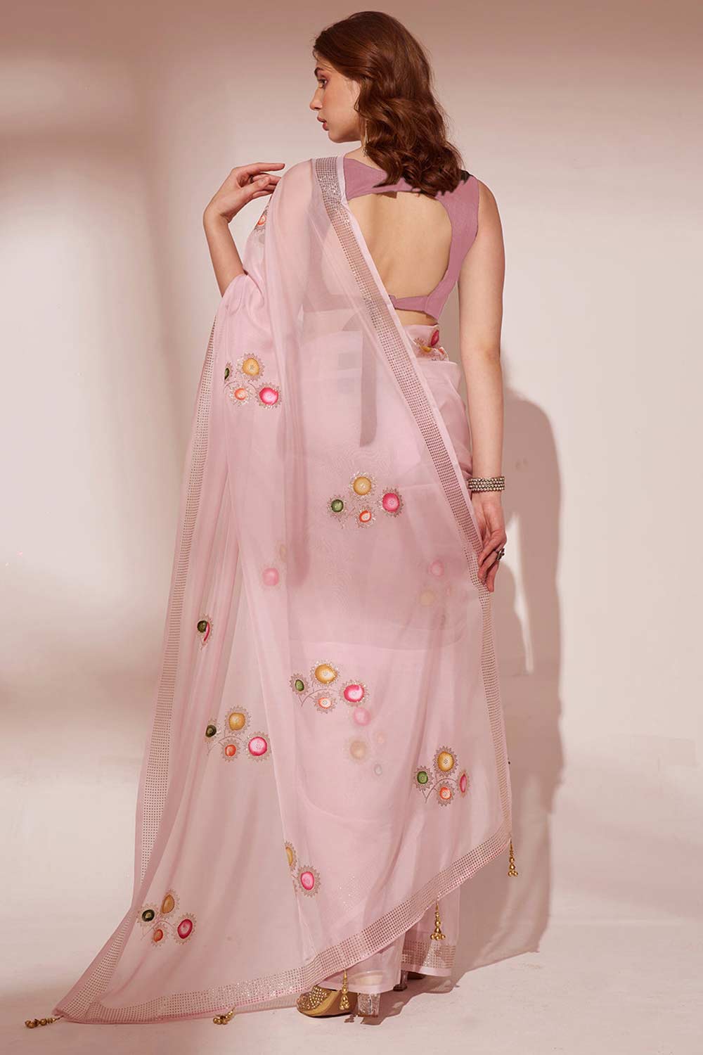 Pink Organza printed Saree