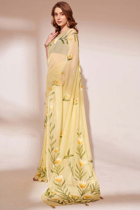 Yellow Organza printed Saree