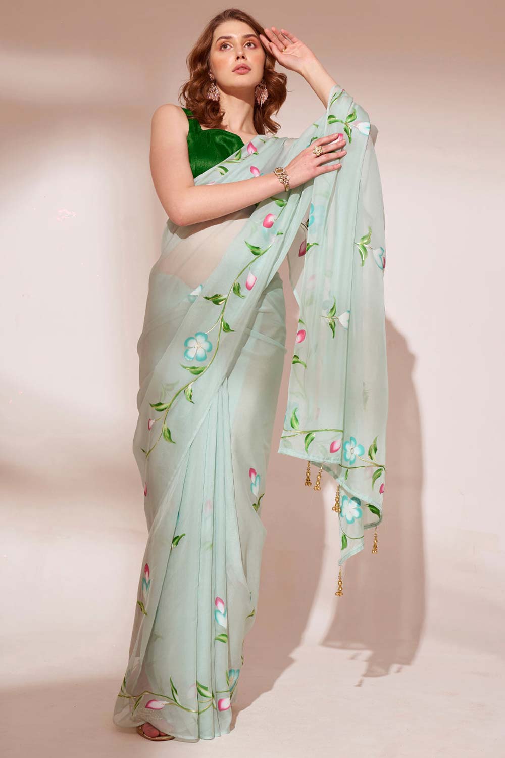 Green Organza printed Saree