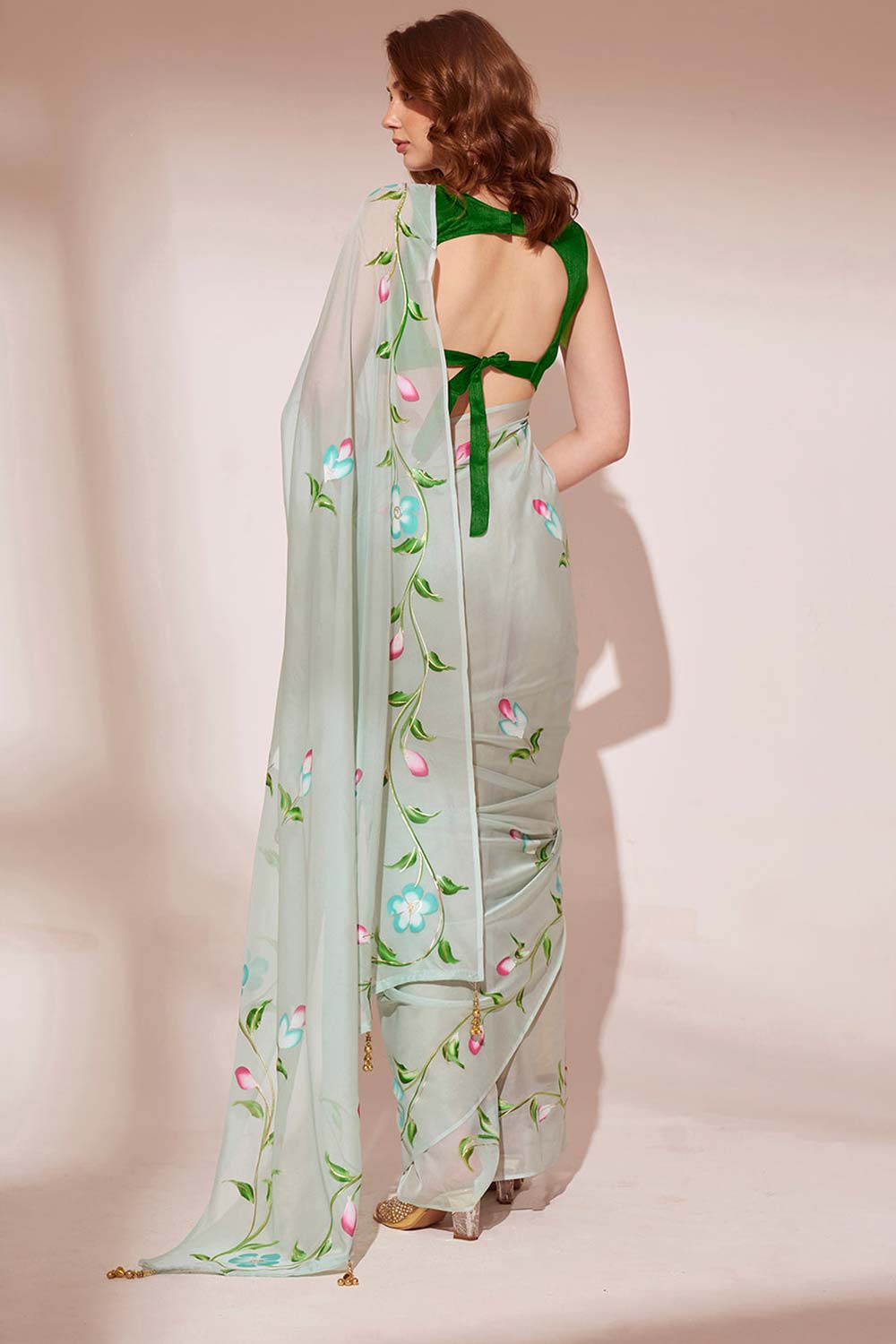 Green Organza printed Saree