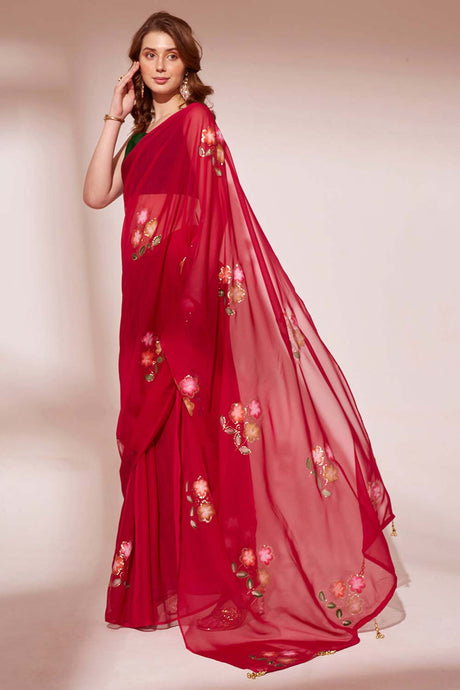 Red Organza printed Saree