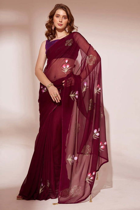 Red Organza printed Saree