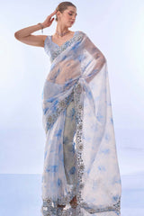 Off-White Organza printed Saree