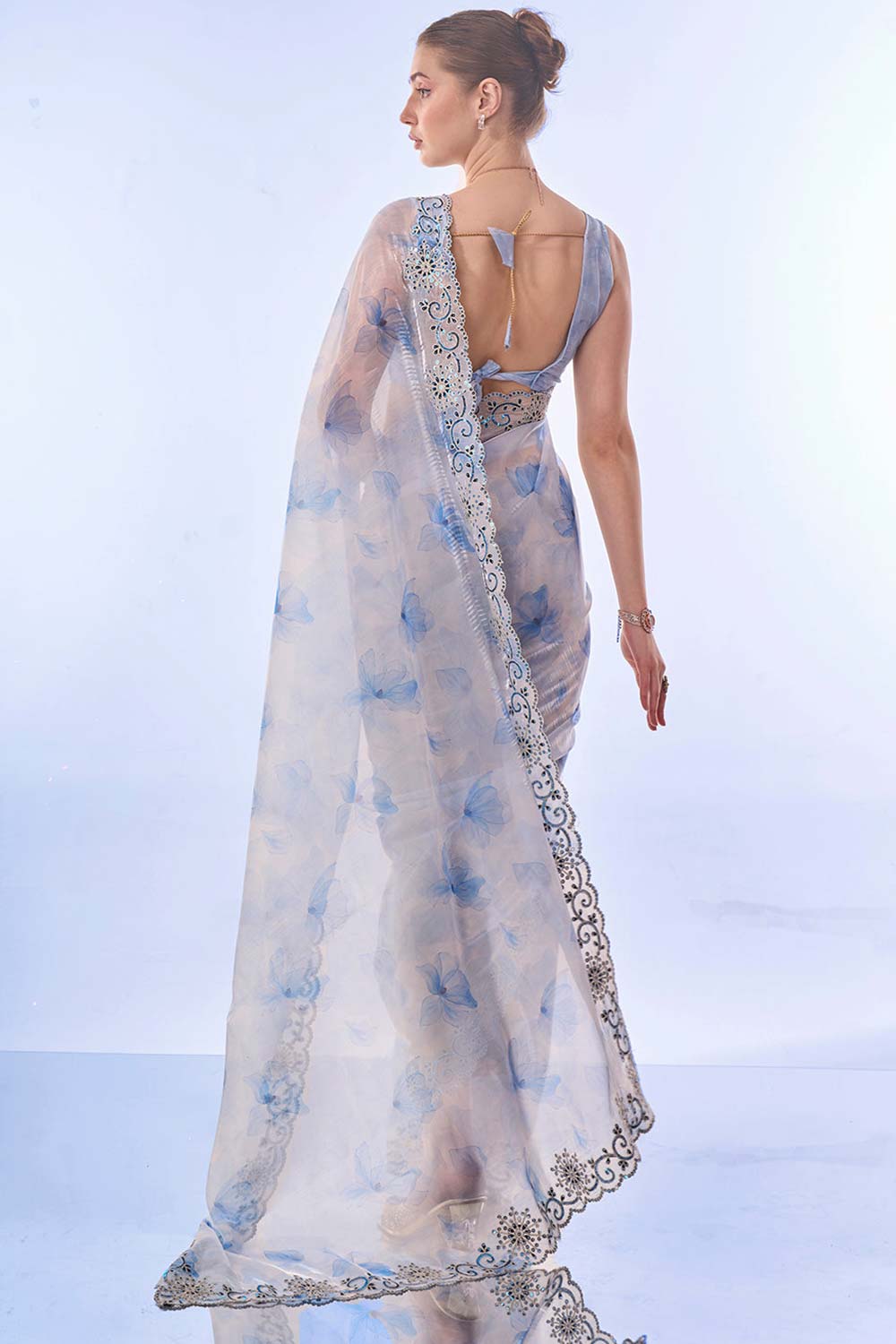 Off-White Organza printed Saree