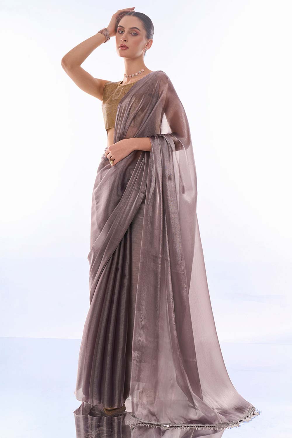 Silver Organza Printed Saree