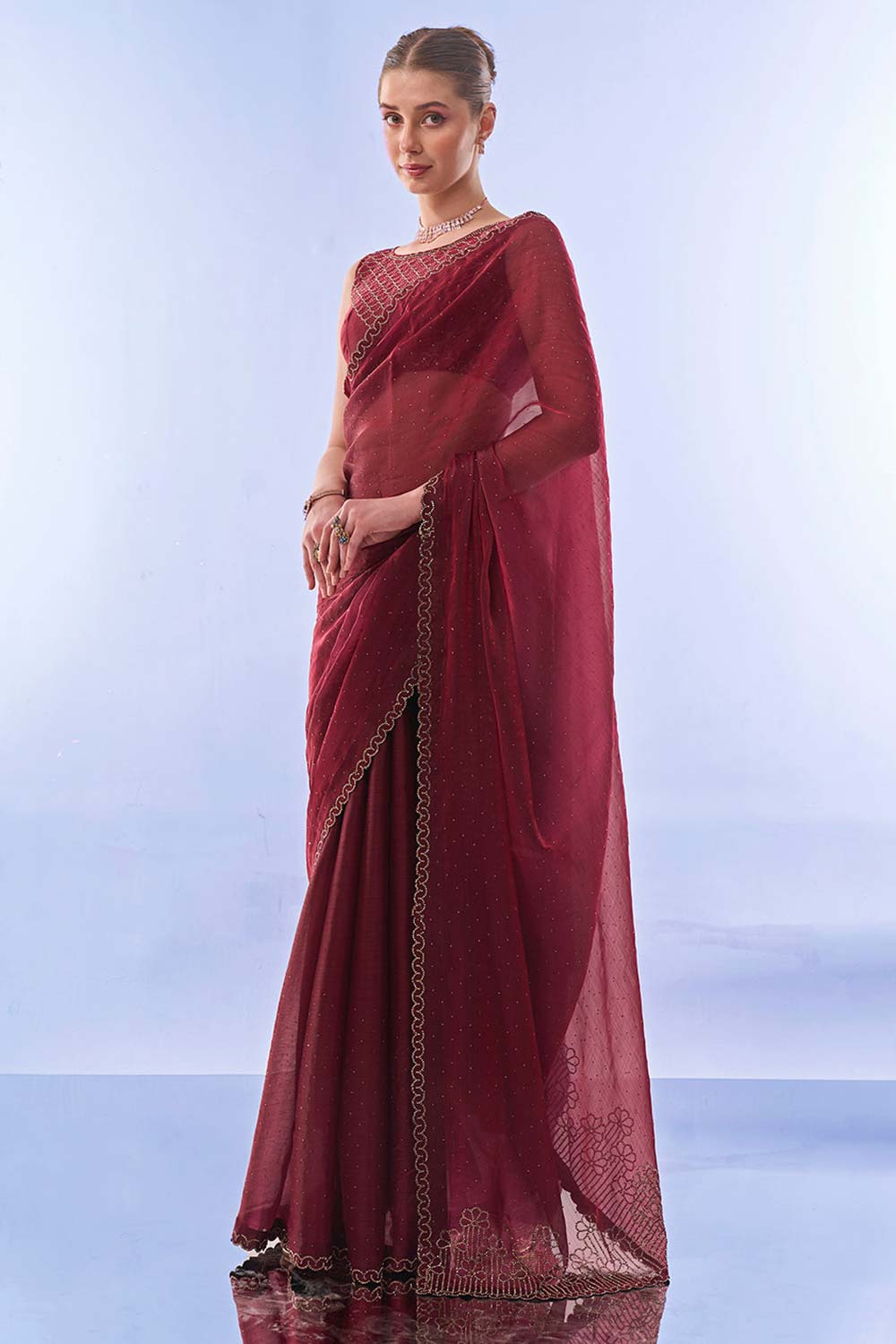 Red Organza Printed Saree