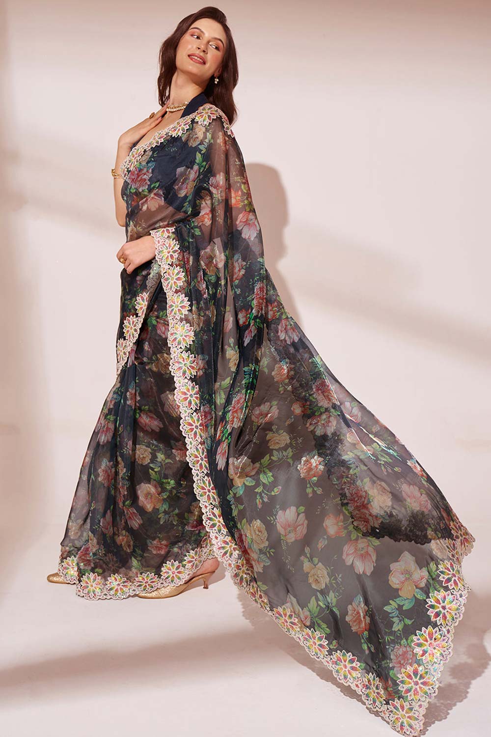 Black Silk Blend printed Saree