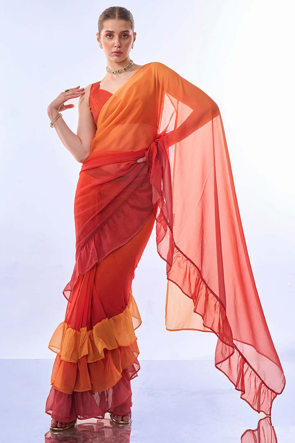 Orange Georgette printed Saree