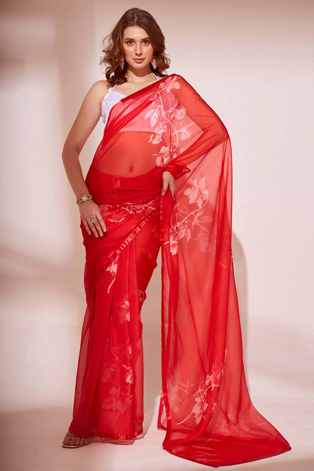 Red Organza printed Saree