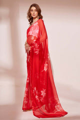 Red Organza printed Saree