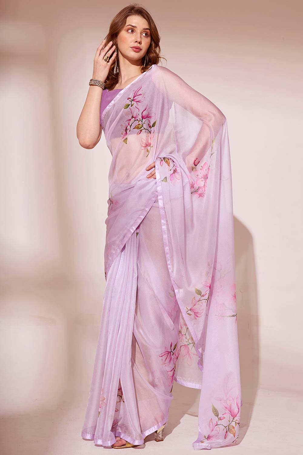 Purple Organza printed Saree