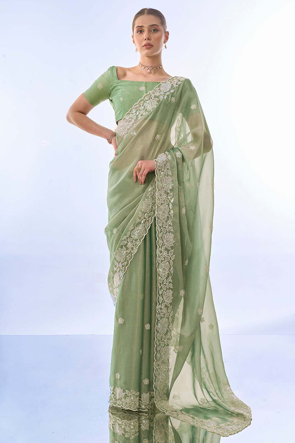 Green Net Embroidered Saree