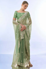 Green Net Embroidered Saree