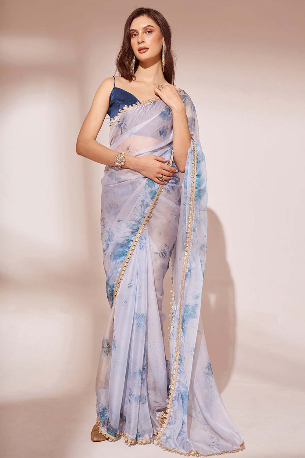 Off-White Organza printed Saree