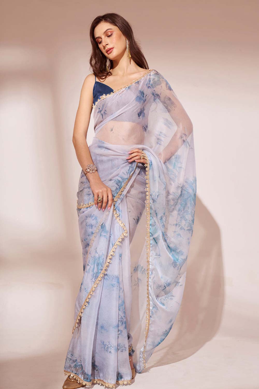 Off-White Organza printed Saree