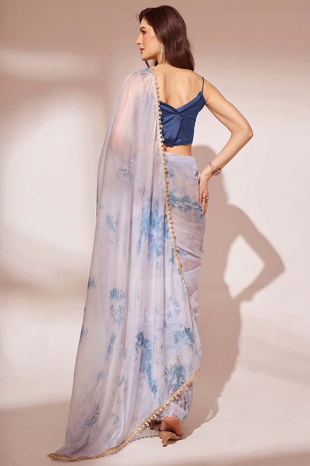 Off-White Organza printed Saree