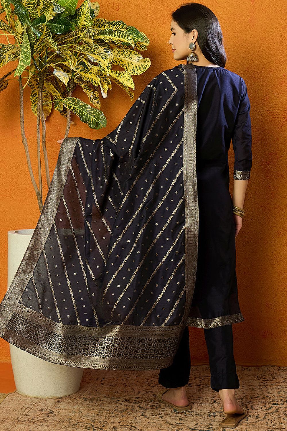 Navy Blue Poly Chanderi Jacquard Straight Suit Set