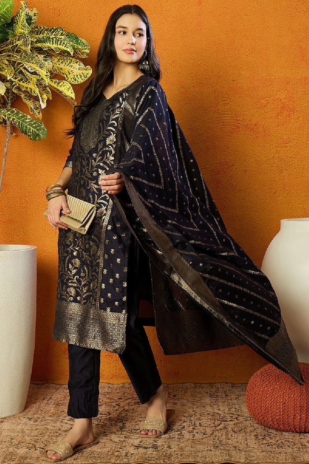 Navy Blue Poly Chanderi Jacquard Straight Suit Set