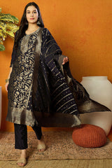 Navy Blue Poly Chanderi Jacquard Straight Suit Set