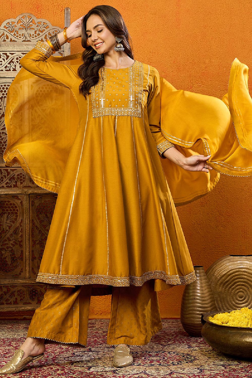 Mustard Yellow Silk Blend Solid Embroidered Anarkali Suit Set