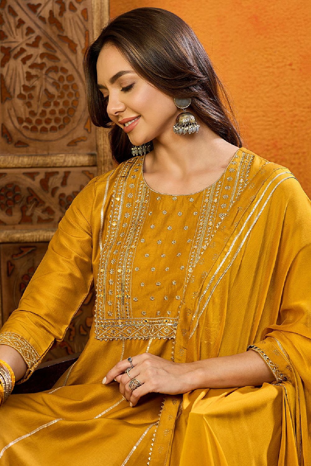 Mustard Yellow Silk Blend Solid Embroidered Anarkali Suit Set