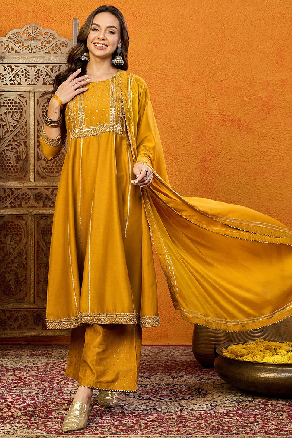 Mustard Yellow Silk Blend Solid Embroidered Anarkali Suit Set