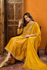 Mustard Yellow Silk Blend Solid Embroidered Anarkali Suit Set