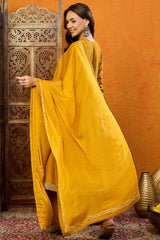 Mustard Yellow Silk Blend Solid Embroidered Anarkali Suit Set