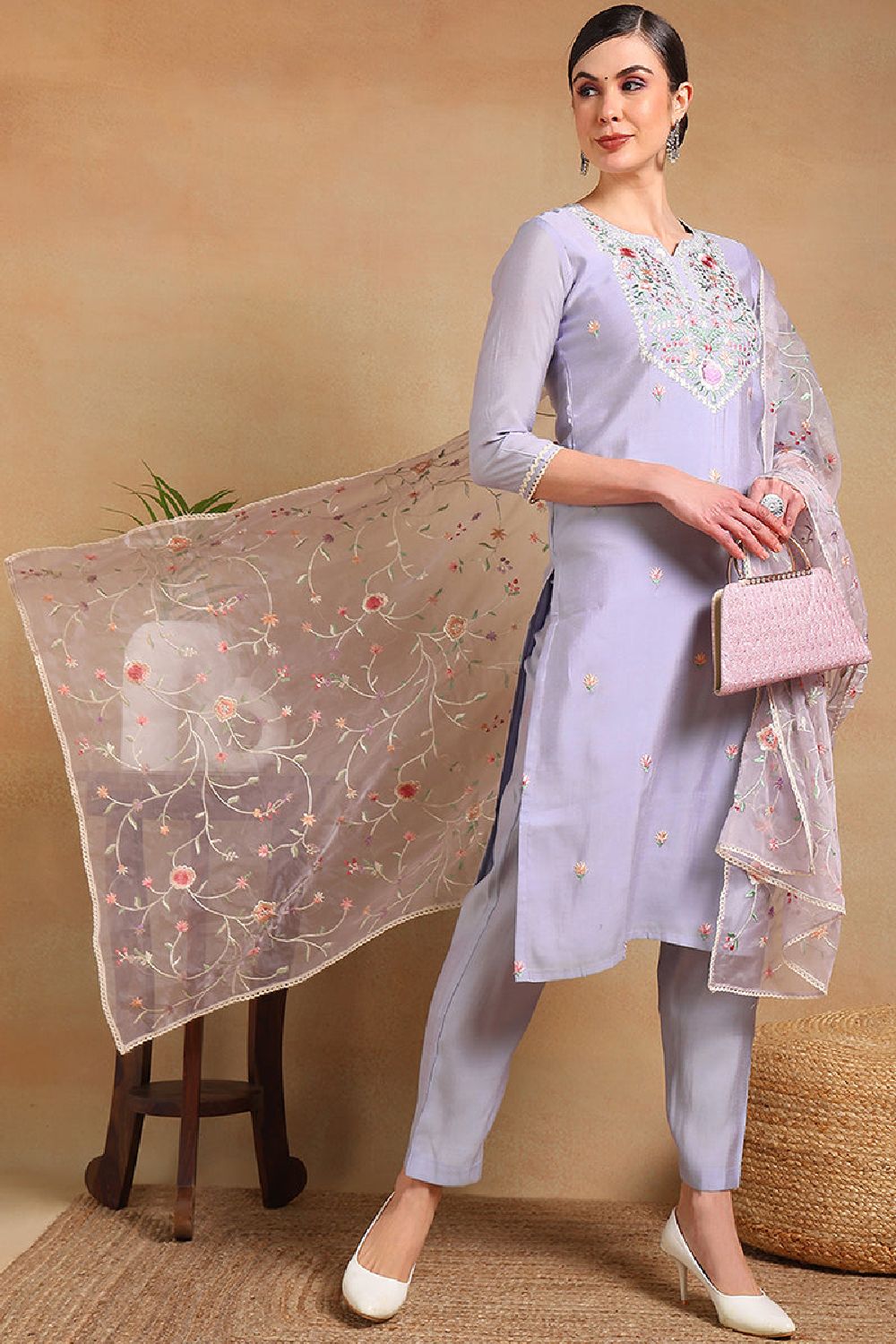 Purple Silk Blend Solid Embroidered Straight Regular Suit Set