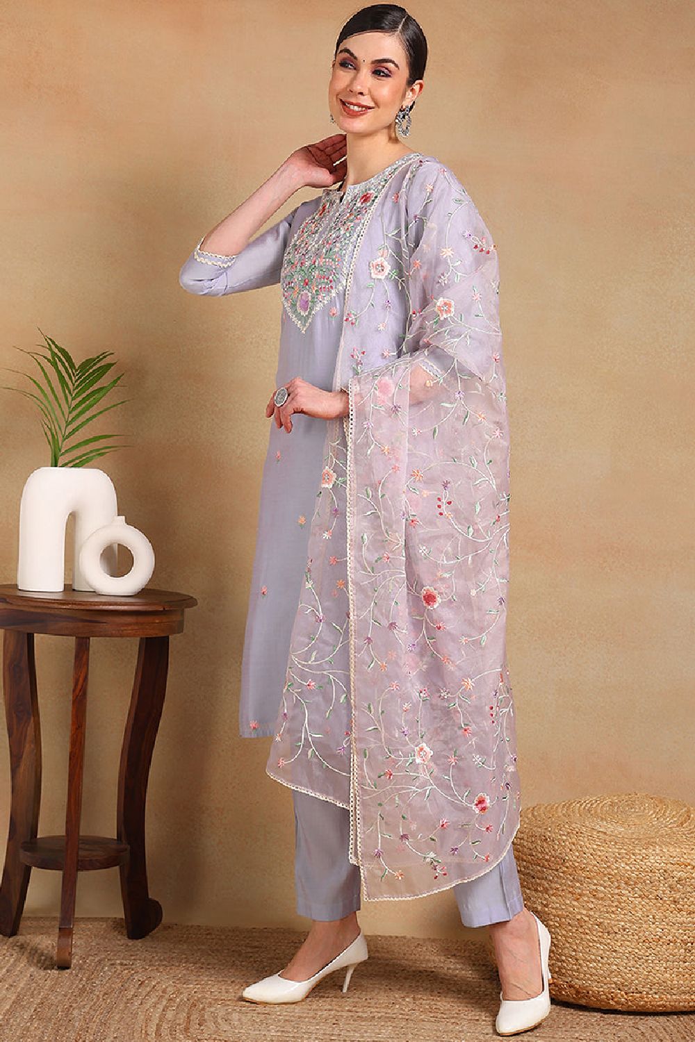 Purple Silk Blend Solid Embroidered Straight Regular Suit Set